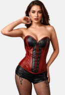 Red and Black Sheepskin Leather Corset: Strapless Gothic Bustier Top