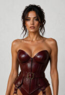Women's Burgundy Genuine Leather Corset Bodysuit, Gothic Harness Corset, Steampunk Festival Outfit, Lace-Up Bustier