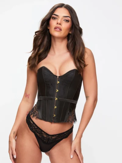 Zhitunemi Women's Bustier Corset Top Sexy Lingerie Sets Black Satin Waist Cincher