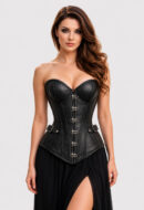 Black Leather Overbust Corset, Gothic Waist Trainer, Lace Up Bustier Top