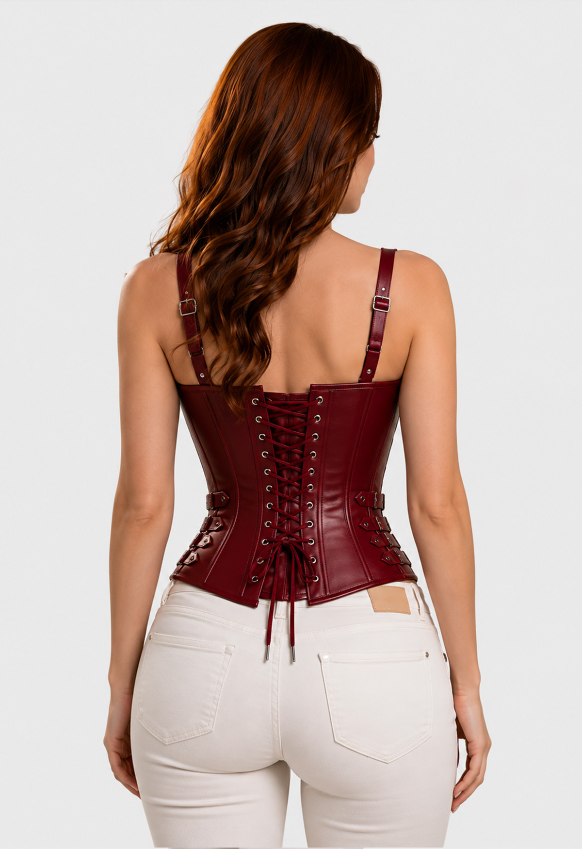 Women’s Red Leather Corset – Gothic Overbust Bustier Steampunk Style - Image 2